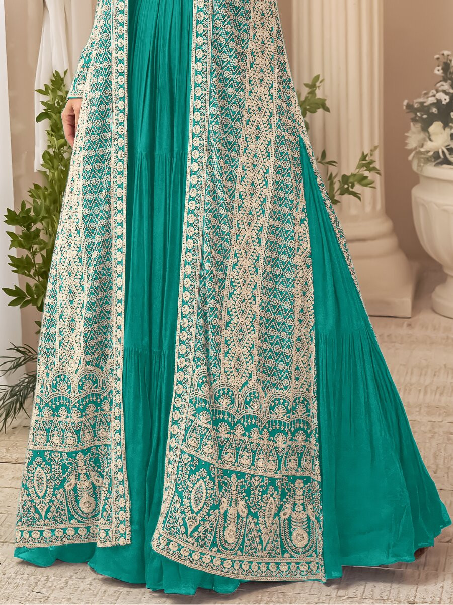Sea Green Heavy Chinon Embroidered Wedding Party Festival Ready Gown Shrug Women Wear