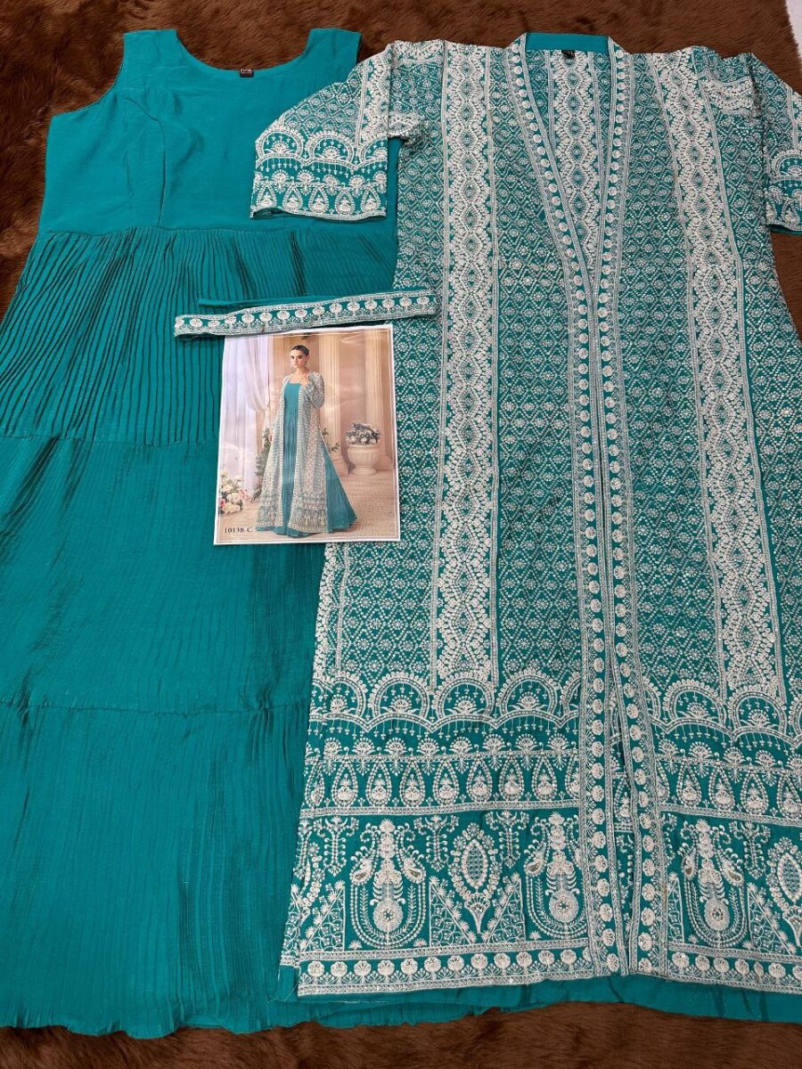 Sea Green Heavy Chinon Embroidered Wedding Party Festival Ready Gown Shrug Women Wear