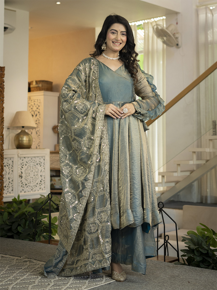 Sea Green Heavy Fandy Silk Embroidery Sequins Wedding Party Festival Casual Ready Anarkali Palazzo Pant Salwar Kameez