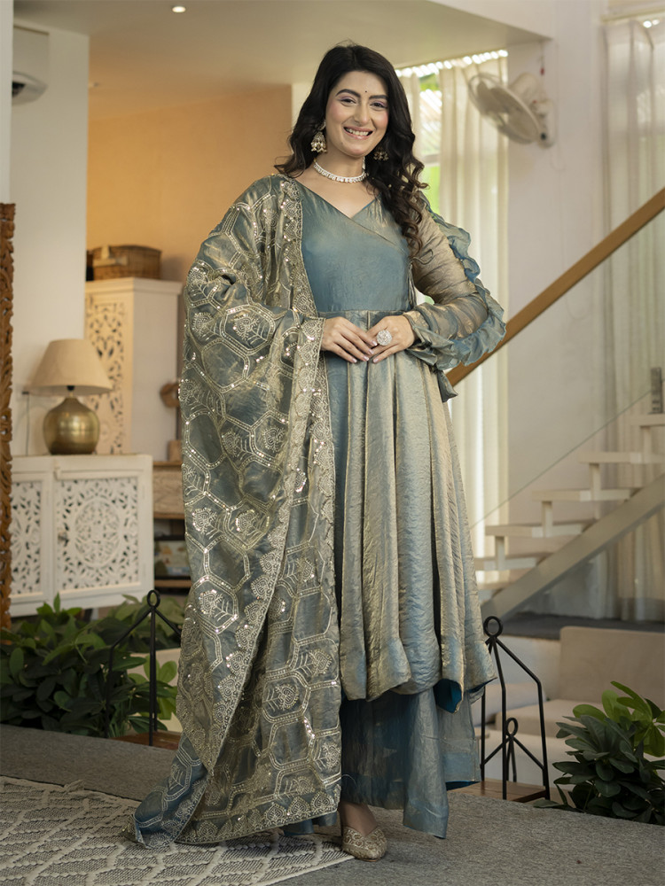 Image of Sea Green Heavy Fandy Silk Embroidery Sequins Wedding Party Festival Casual Ready Anarkali Palazzo Pant Salwar Kameez