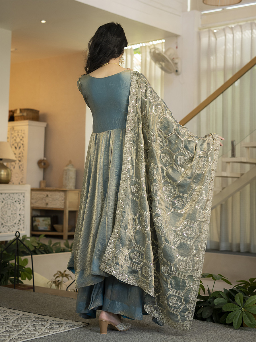 Sea Green Heavy Fandy Silk Embroidery Sequins Wedding Party Festival Casual Ready Anarkali Palazzo Pant Salwar Kameez