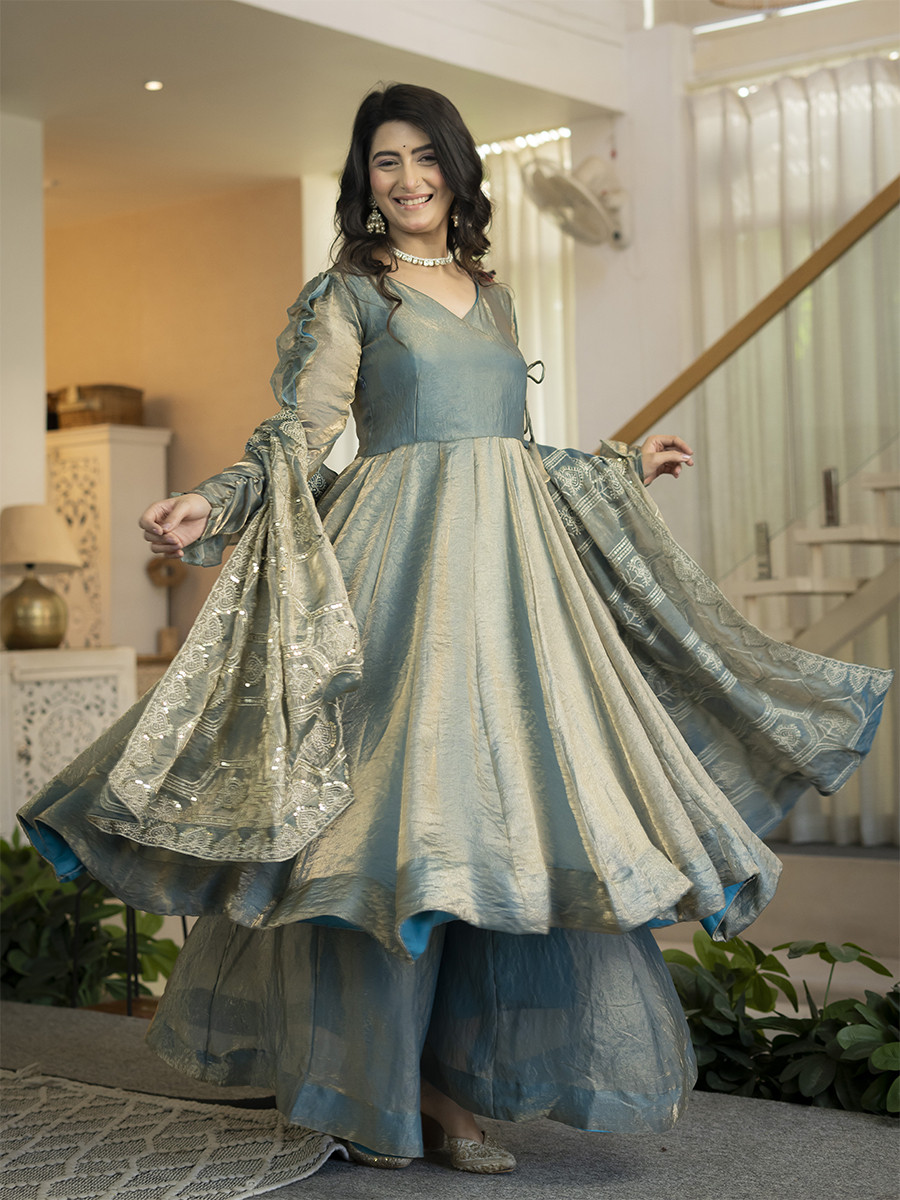 Sea Green Heavy Fandy Silk Embroidery Sequins Wedding Party Festival Casual Ready Anarkali Palazzo Pant Salwar Kameez