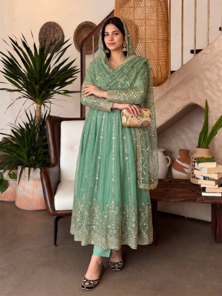 Image of Sea Green Heavy Fandy Silk Embroidery Sequins Zari Wedding Party Festival Casual Ready Anarkali Pant Salwar Kameez