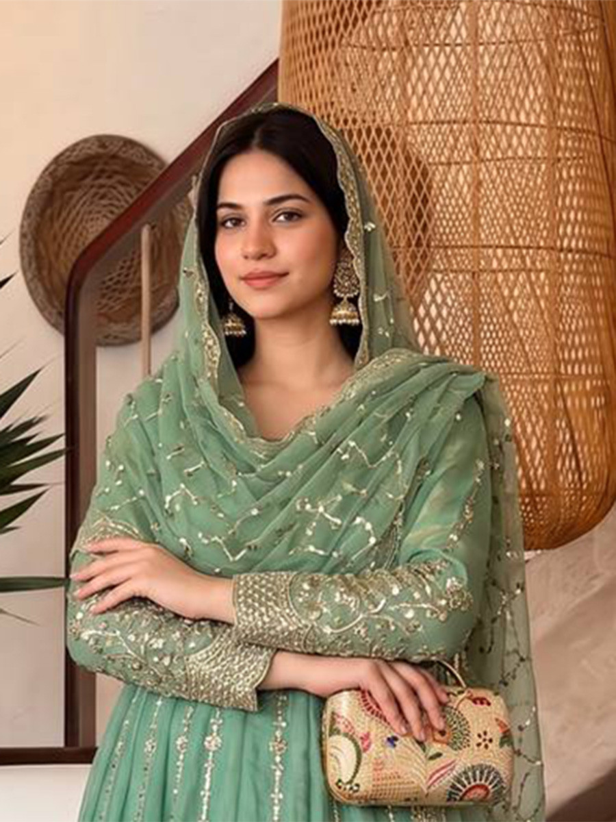 Sea Green Heavy Fandy Silk Embroidery Sequins Zari Wedding Party Festival Casual Ready Anarkali Pant Salwar Kameez