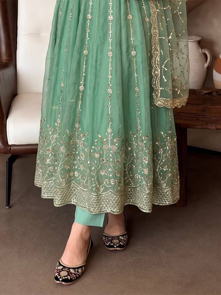 Sea Green Heavy Fandy Silk Embroidery Sequins Zari Wedding Party Festival Casual Ready Anarkali Pant Salwar Kameez