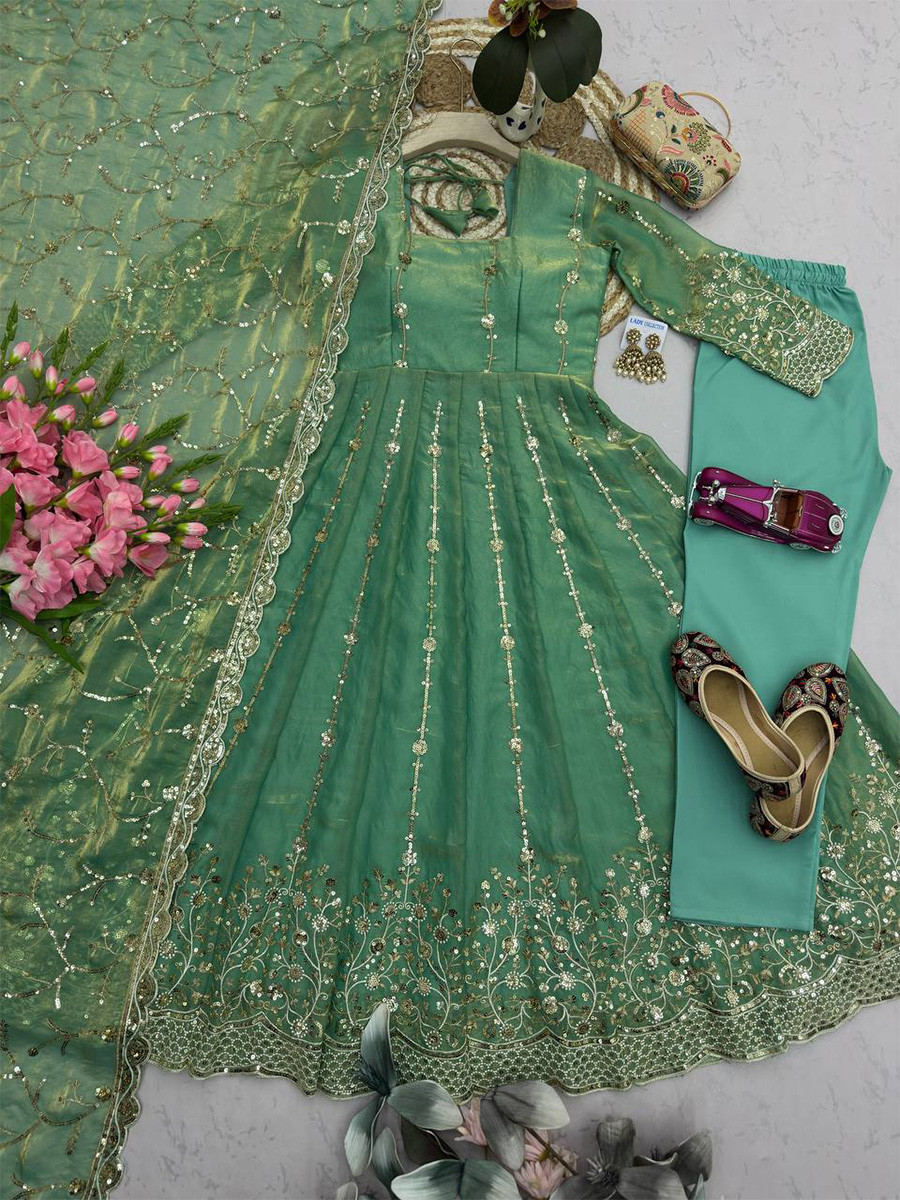 Sea Green Heavy Fandy Silk Embroidery Sequins Zari Wedding Party Festival Casual Ready Anarkali Pant Salwar Kameez