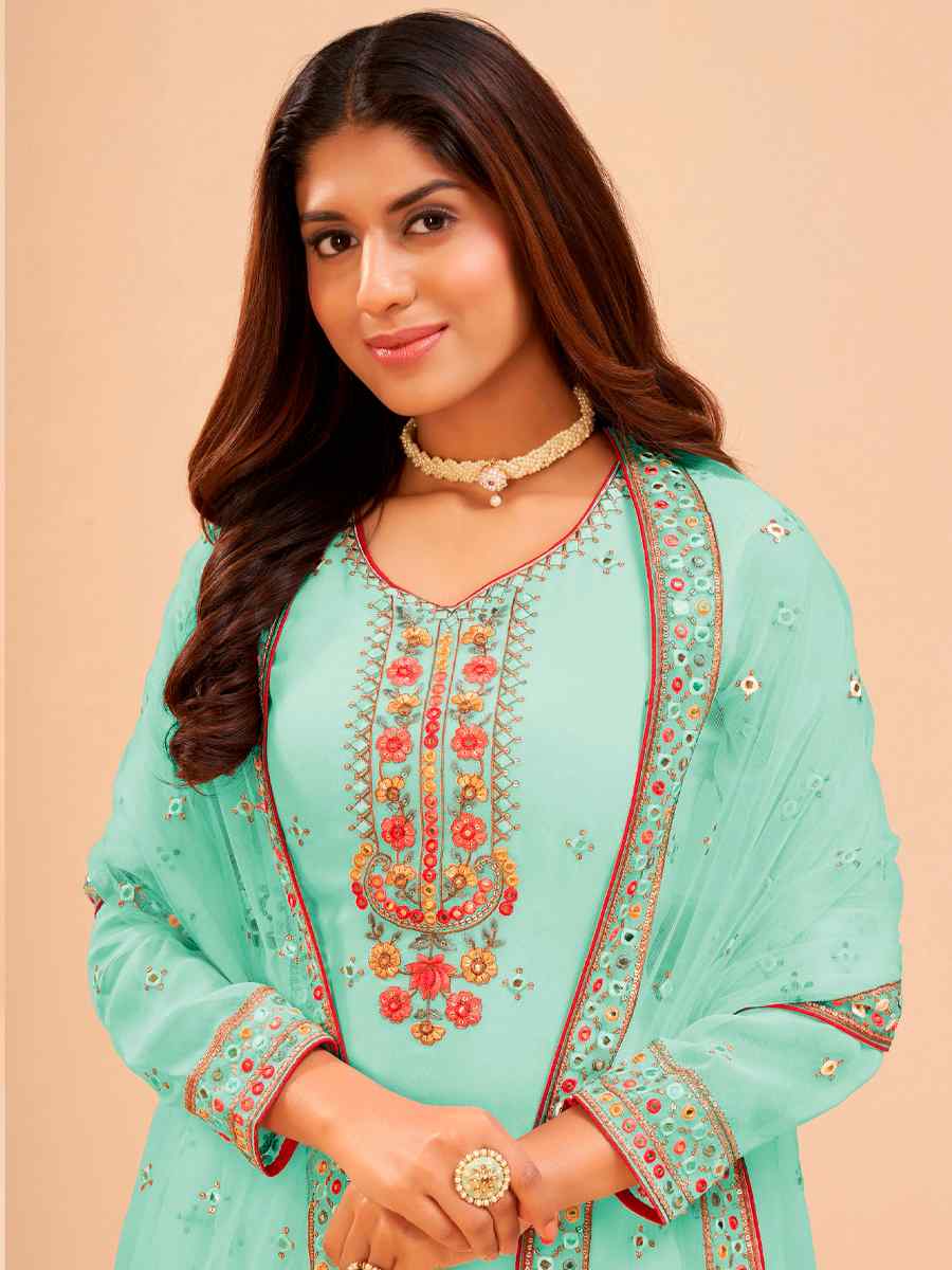 Sea Green Heavy Faux Georgette  Embroidered Festival Party Sharara Pant Salwar Kameez