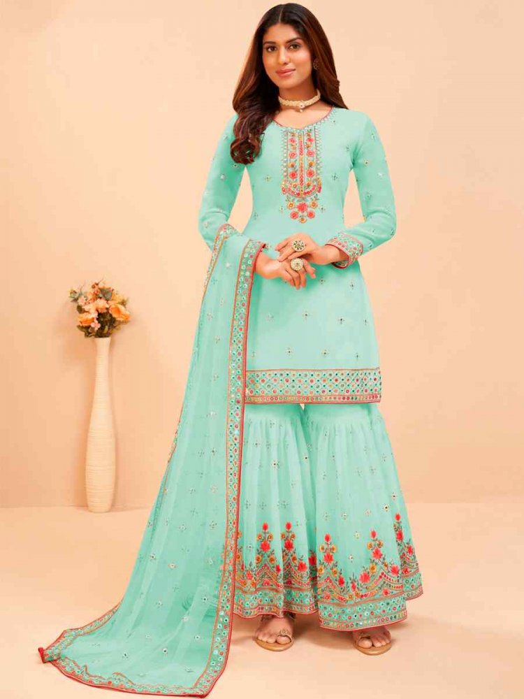 Sea Green Heavy Faux Georgette  Embroidered Festival Party Sharara Pant Salwar Kameez