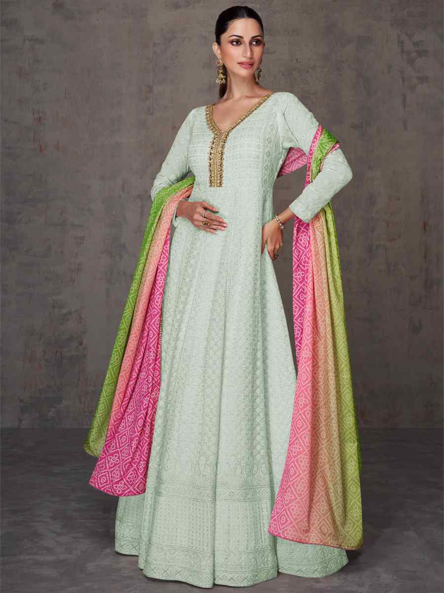 Sea Green Heavy Faux Georgette  Embroidered Festival Wedding Anarkali Salwar Kameez