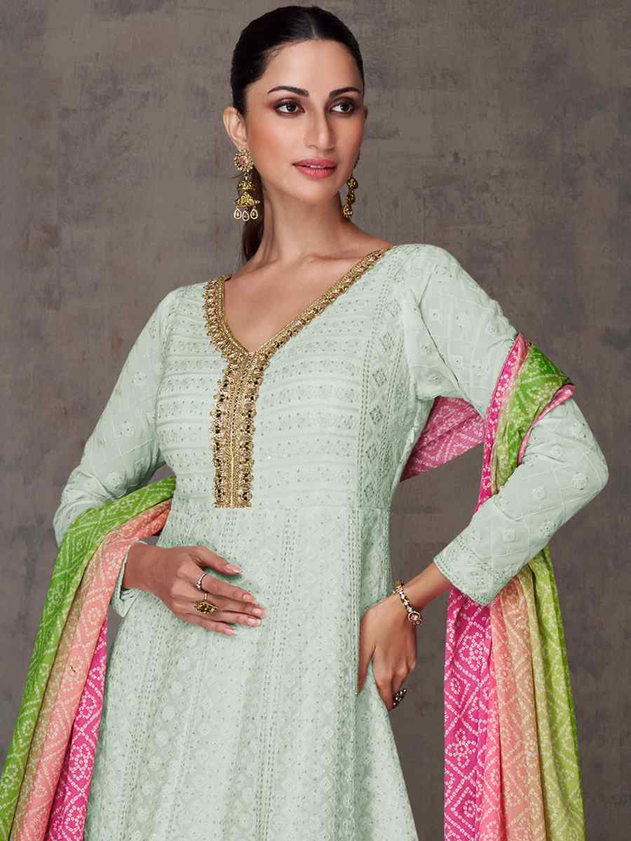 Sea Green Heavy Faux Georgette Embroidered Festival Wedding Anarkali Salwar Kameez