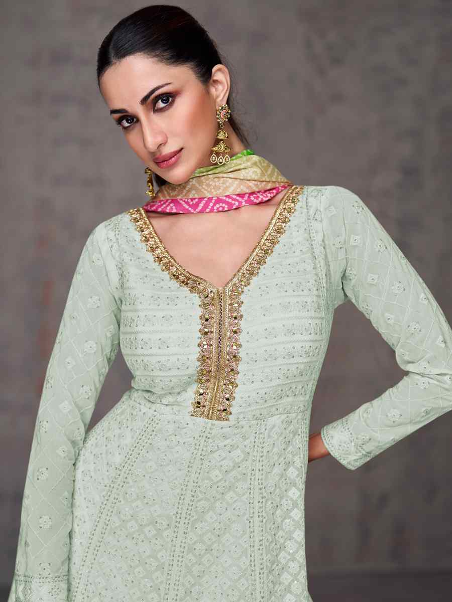 Sea Green Heavy Faux Georgette Embroidered Festival Wedding Anarkali Salwar Kameez