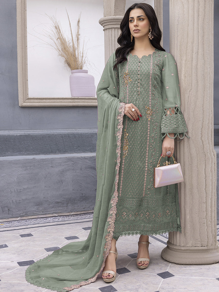 Sea Green Heavy Faux Georgette Embroidered Festival Mehendi Pant Salwar Kameez