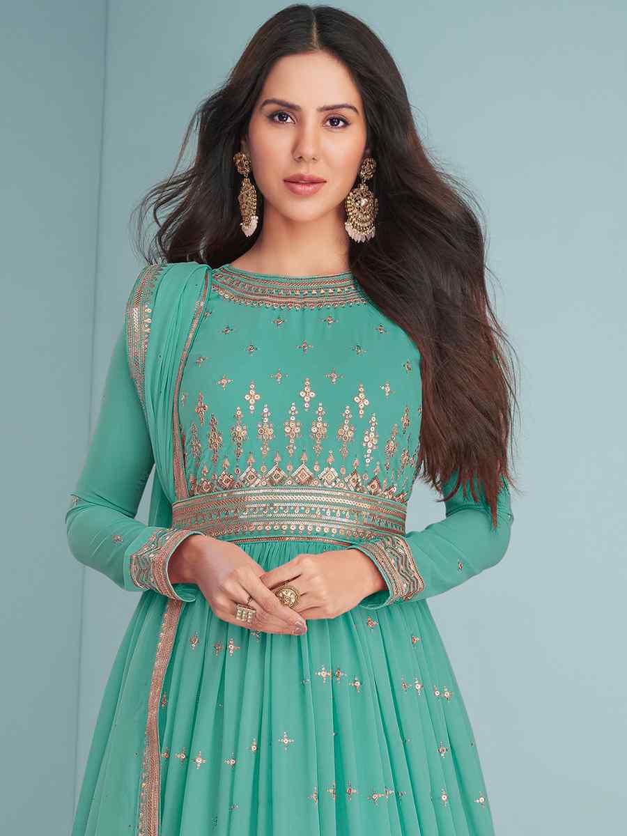 Sea Green Heavy Faux Georgette Embroidered Festival Wedding Anarkali Salwar Kameez