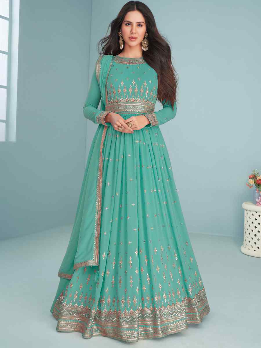 Sea Green Heavy Faux Georgette Embroidered Festival Wedding Anarkali Salwar Kameez