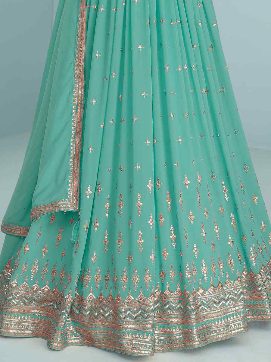Sea Green Heavy Faux Georgette Embroidered Festival Wedding Anarkali Salwar Kameez