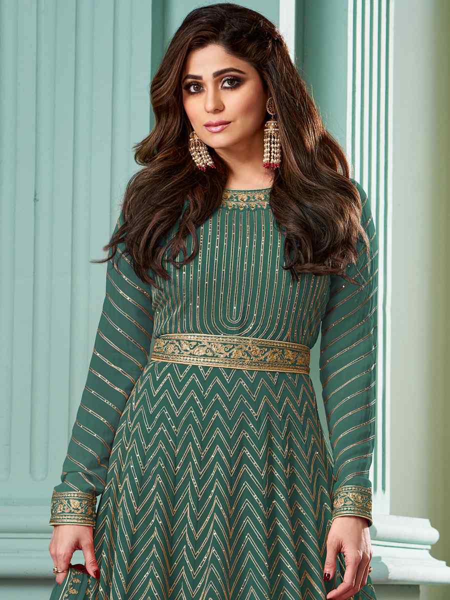 Sea Green Heavy Faux Georgette Embroidered Festival Wedding Bollywood Style Anarkali Salwar Kameez