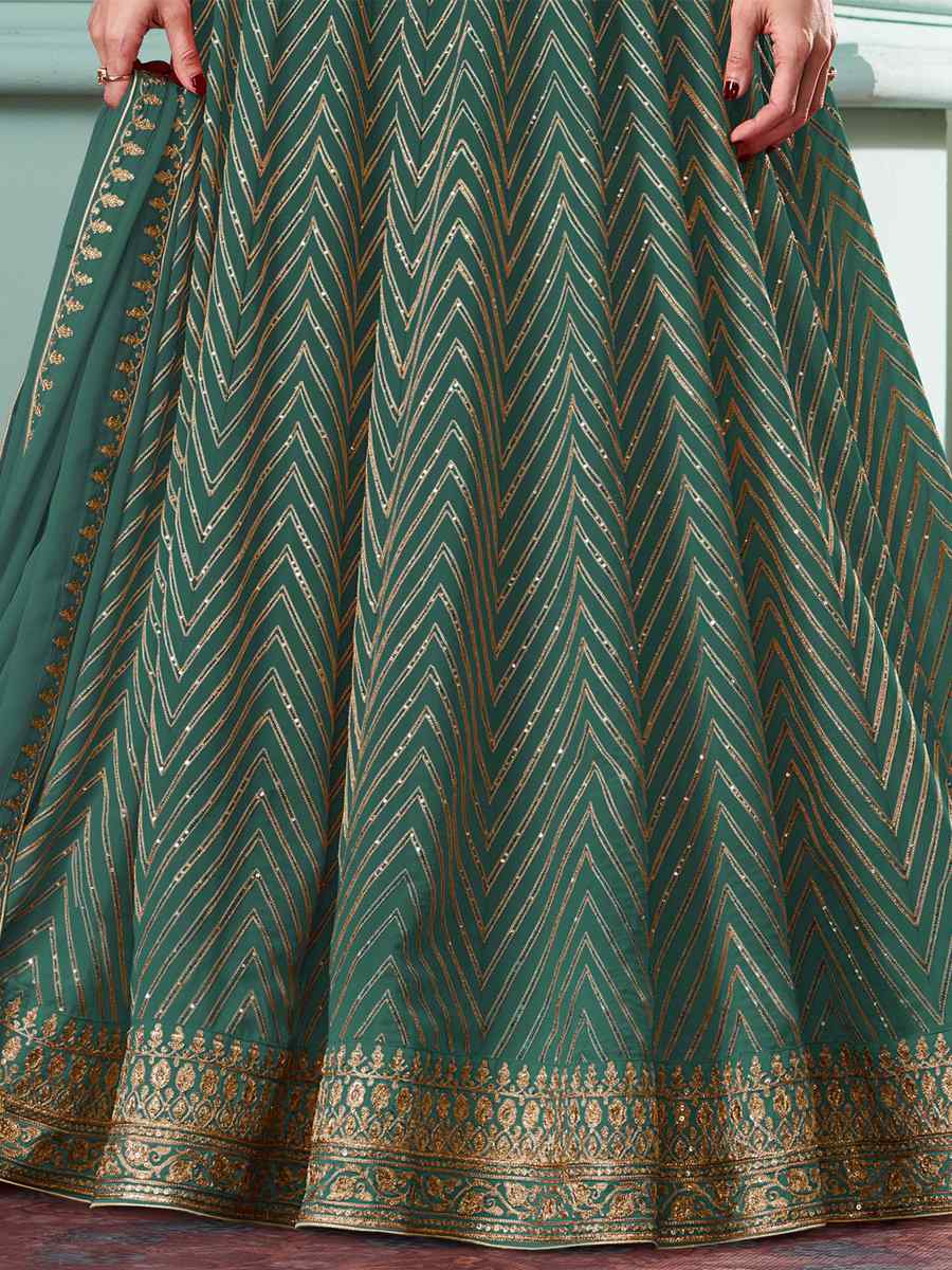 Sea Green Heavy Faux Georgette Embroidered Festival Wedding Bollywood Style Anarkali Salwar Kameez
