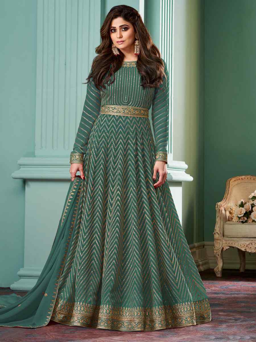Sea Green Heavy Faux Georgette Embroidered Festival Wedding Bollywood Style Anarkali Salwar Kameez