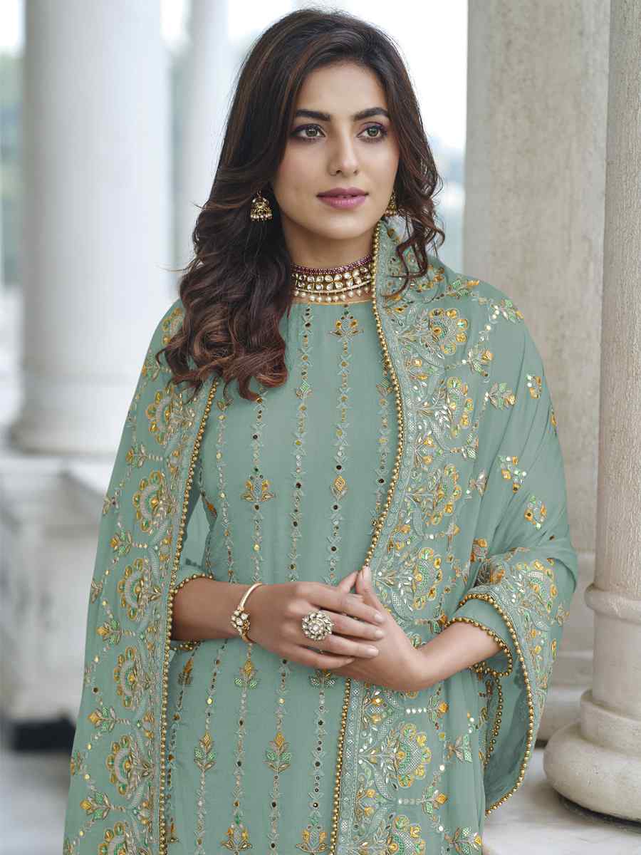 Sea Green Heavy Faux Georgette Embroidered Festival Wedding Palazzo Pant Salwar Kameez