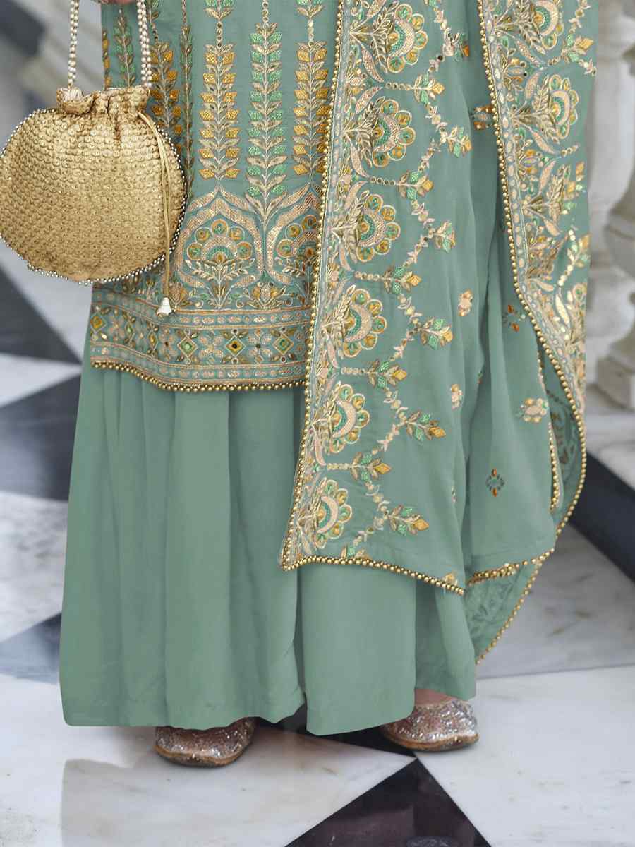 Sea Green Heavy Faux Georgette Embroidered Festival Wedding Palazzo Pant Salwar Kameez