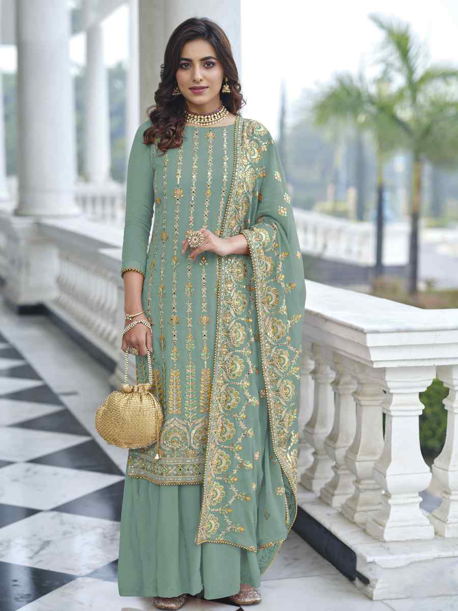 Sea Green Heavy Faux Georgette Embroidered Festival Wedding Palazzo Pant Salwar Kameez
