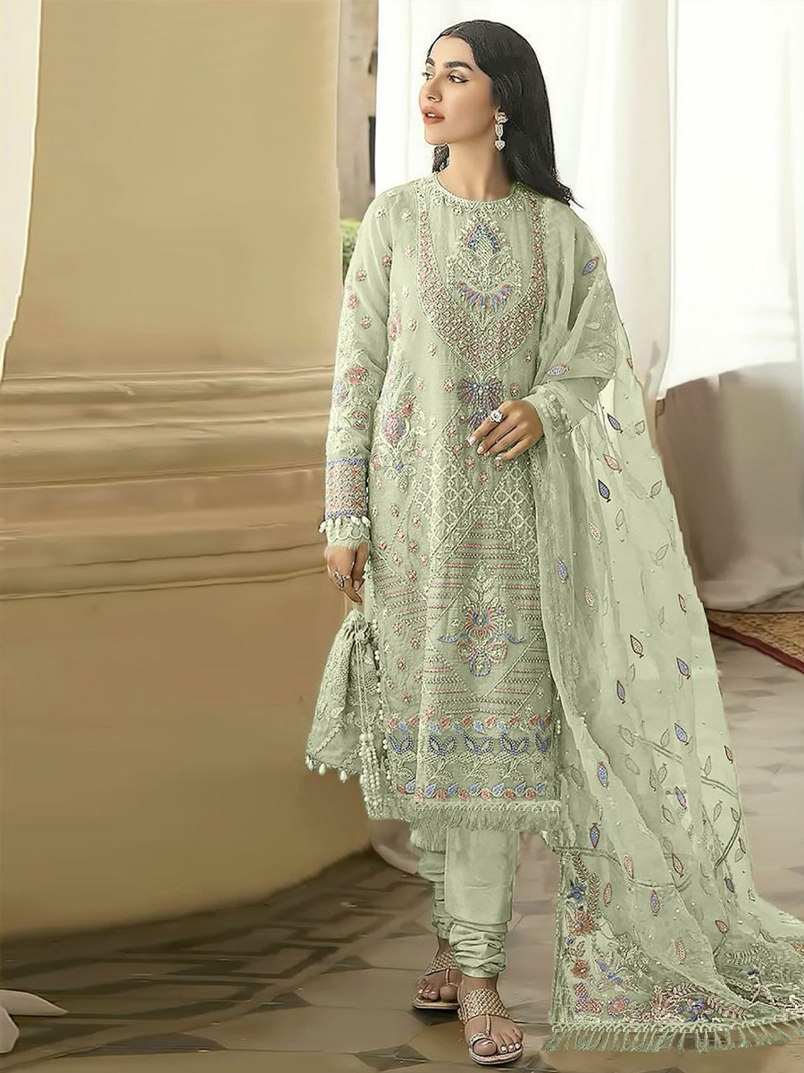 Sea Green Heavy Faux Georgette Embroidered Festival Wedding Pant Salwar Kameez