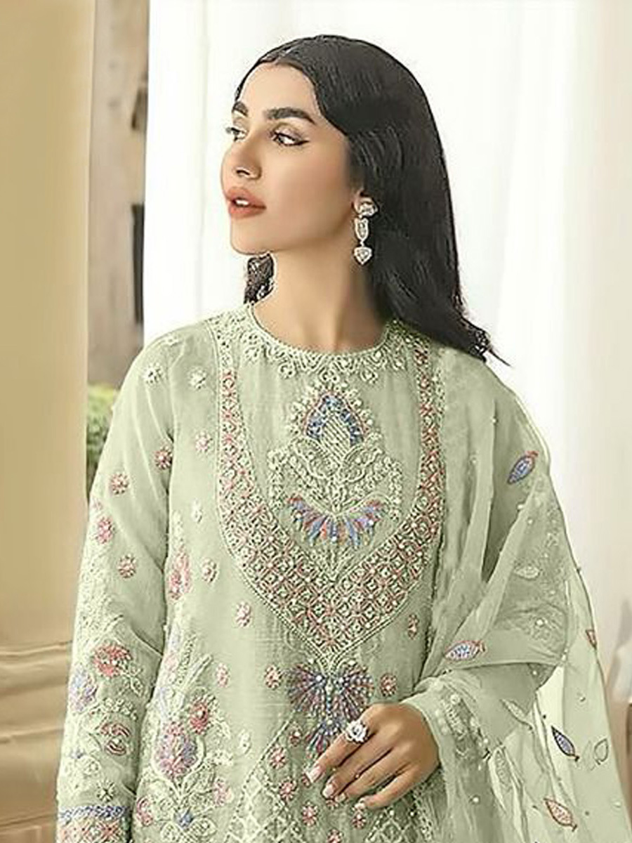 Sea Green Heavy Faux Georgette Embroidered Festival Wedding Pant Salwar Kameez