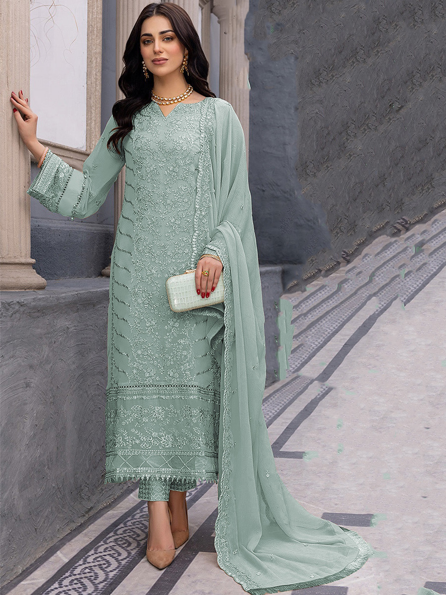 Sea Green Heavy Faux Georgette Embroidered Festival Wedding Pant Salwar Kameez