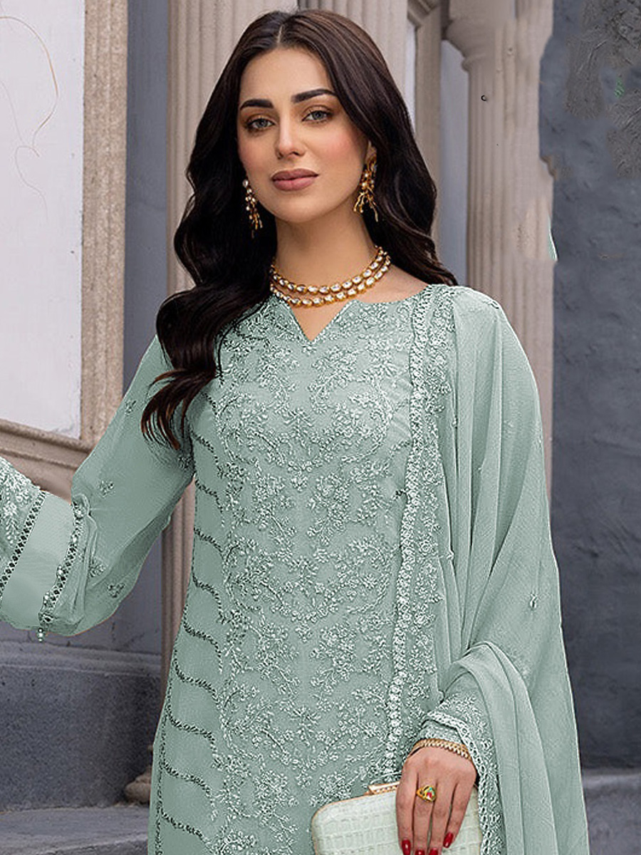Sea Green Heavy Faux Georgette Embroidered Festival Wedding Pant Salwar Kameez