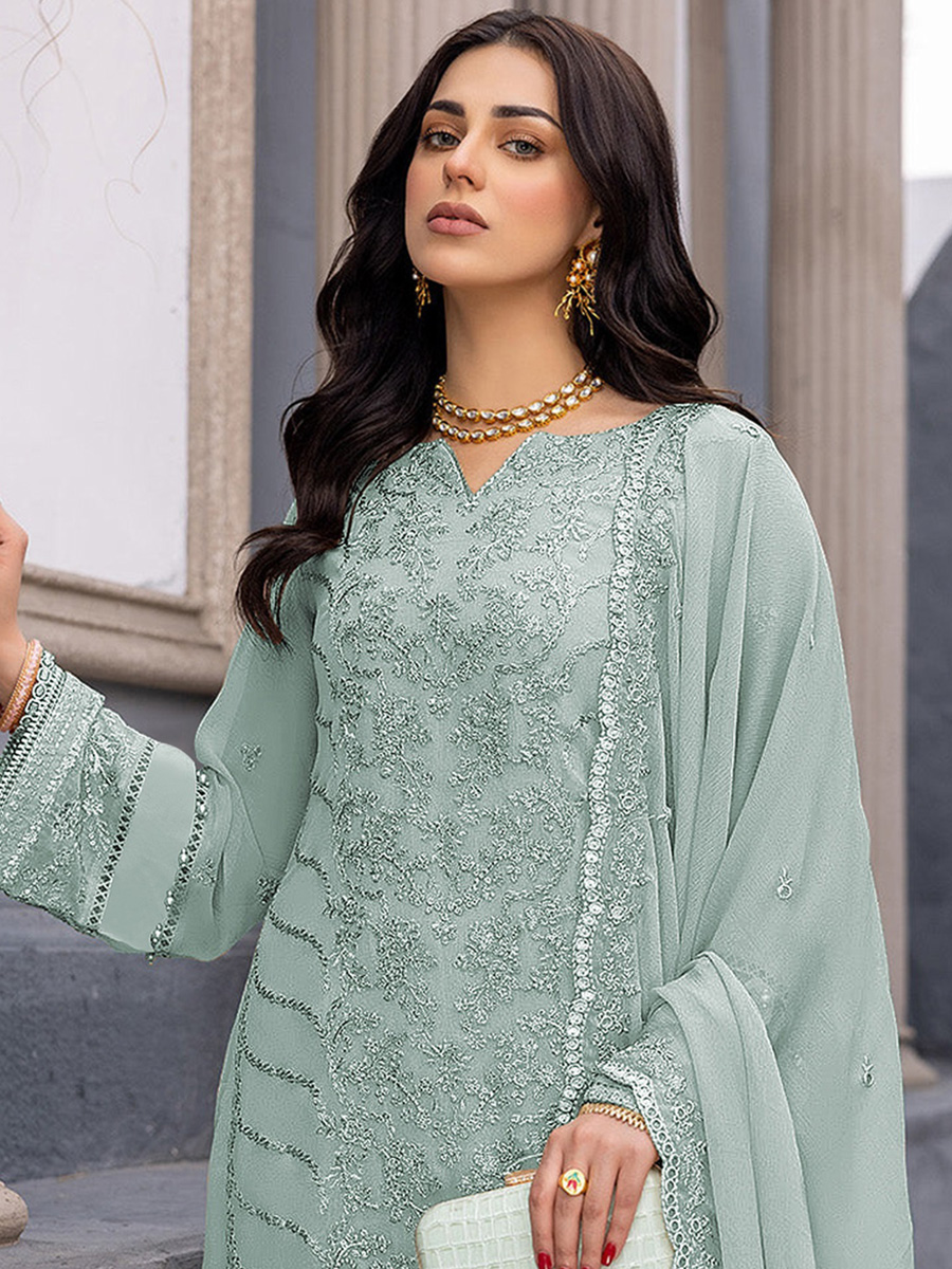 Sea Green Heavy Faux Georgette Embroidered Festival Wedding Pant Salwar Kameez