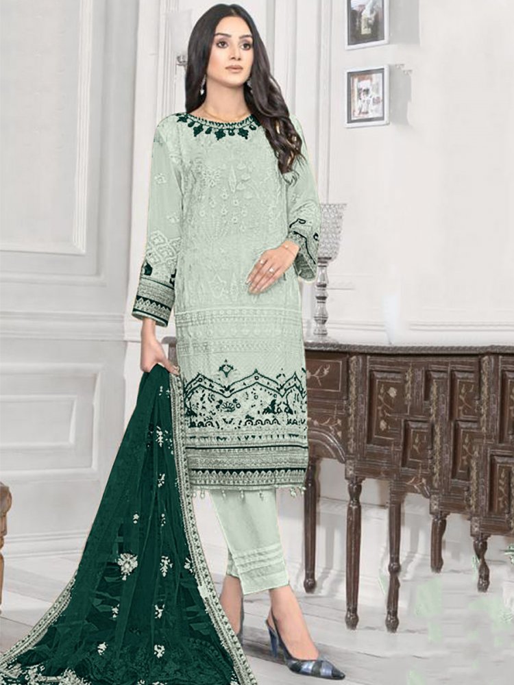 Sea Green Heavy Faux Georgette Embroidered Festival Wedding Pant Salwar Kameez