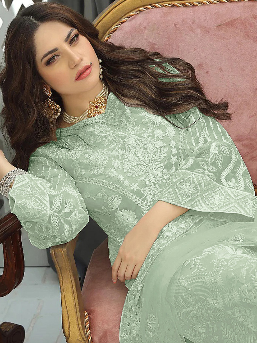 Sea Green Heavy Faux Georgette Embroidered Party Festival Pant Salwar Kameez