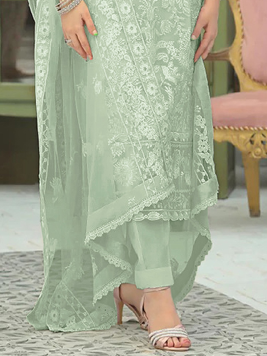 Sea Green Heavy Faux Georgette Embroidered Party Festival Pant Salwar Kameez