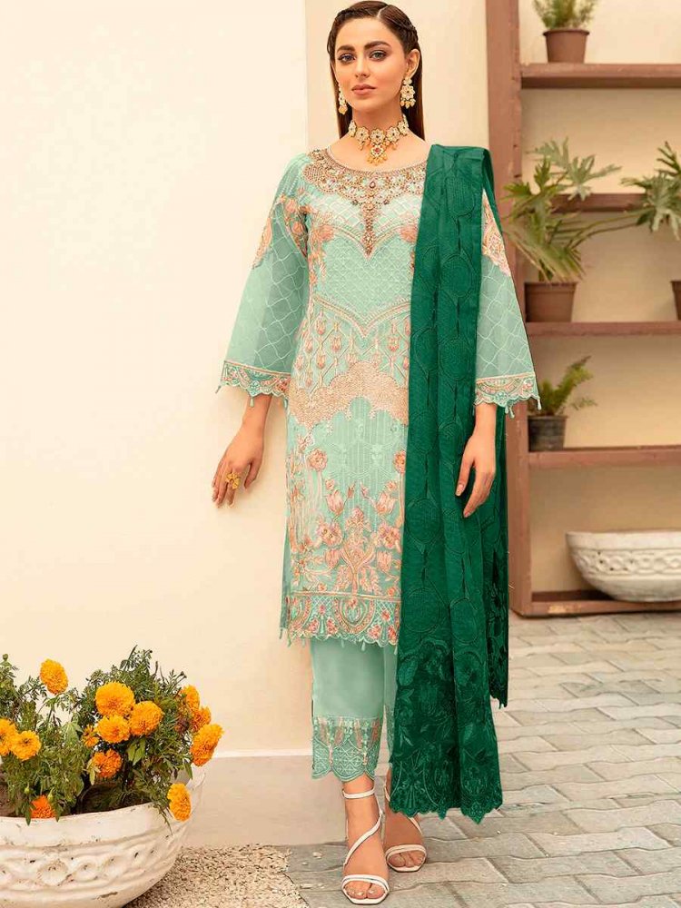 Sea Green Heavy Georgette Embroidered Festival Wedding Pant Salwar Kameez