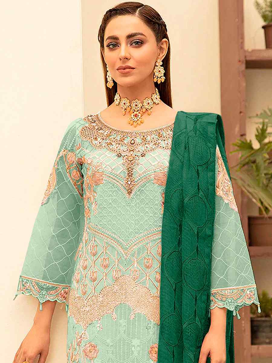 Sea Green Heavy Georgette Embroidered Festival Wedding Pant Salwar Kameez