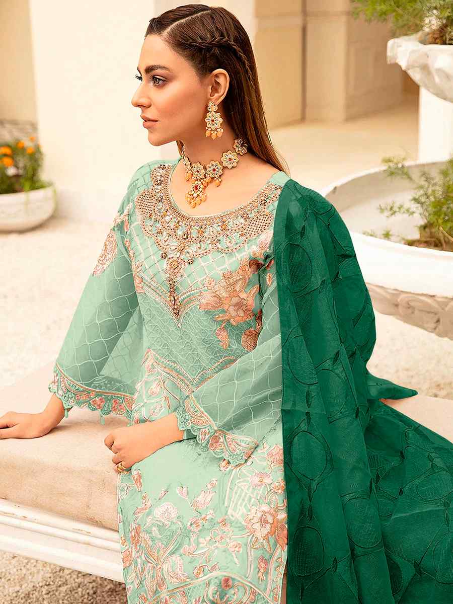 Sea Green Heavy Georgette Embroidered Festival Wedding Pant Salwar Kameez