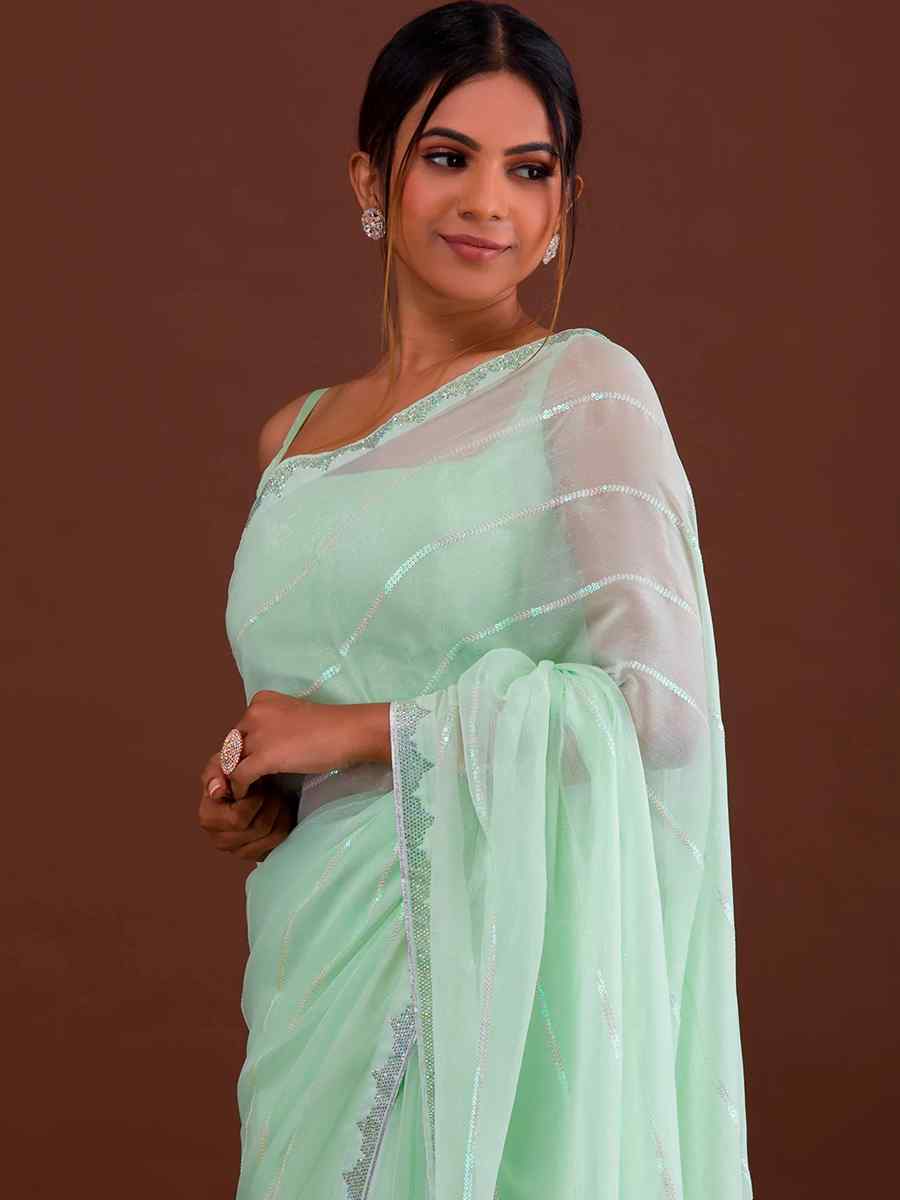 Sea Green Heavy Georgette Handwoven Party Festival Classic Style Saree