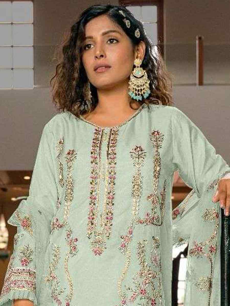 Sea Green Heavy Organza  Embroidered Festival Casual Pant Salwar Kameez