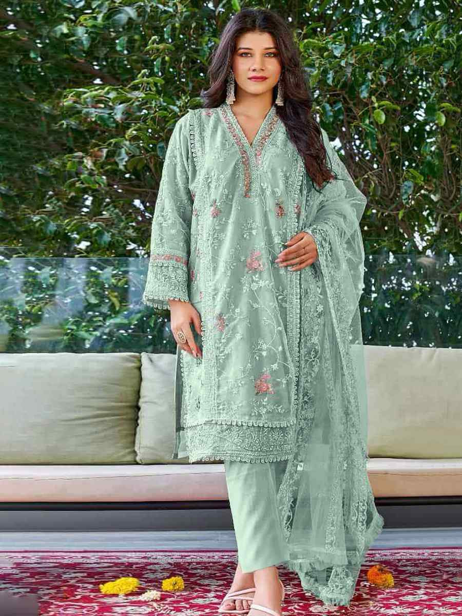 Sea Green Heavy Organza Embroidered Festival Casual Pant Salwar Kameez