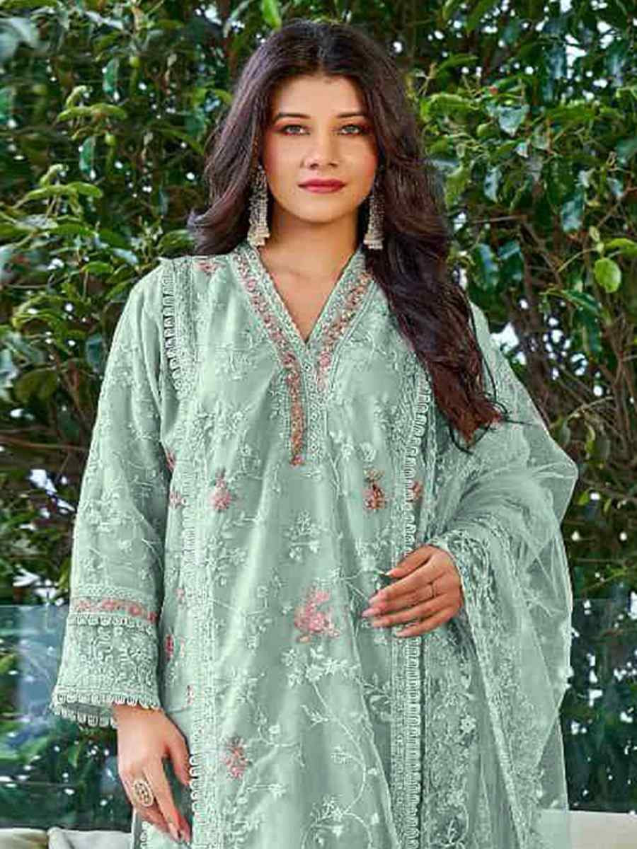 Sea Green Heavy Organza Embroidered Festival Casual Pant Salwar Kameez
