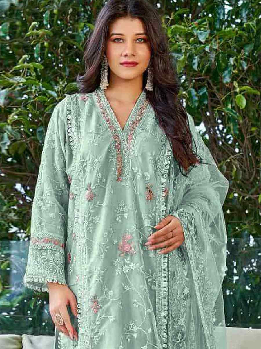 Sea Green Heavy Organza Embroidered Festival Casual Pant Salwar Kameez