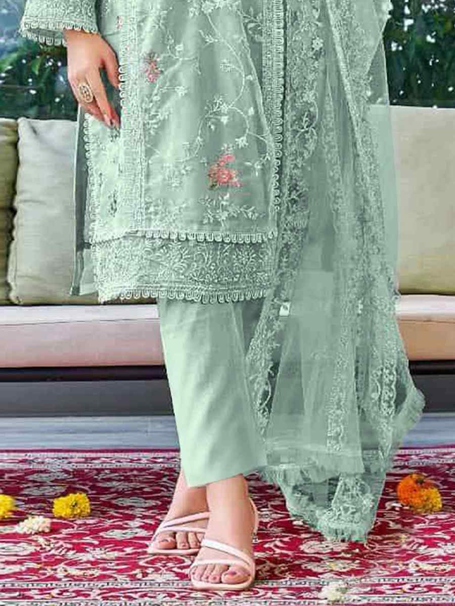 Sea Green Heavy Organza Embroidered Festival Casual Pant Salwar Kameez