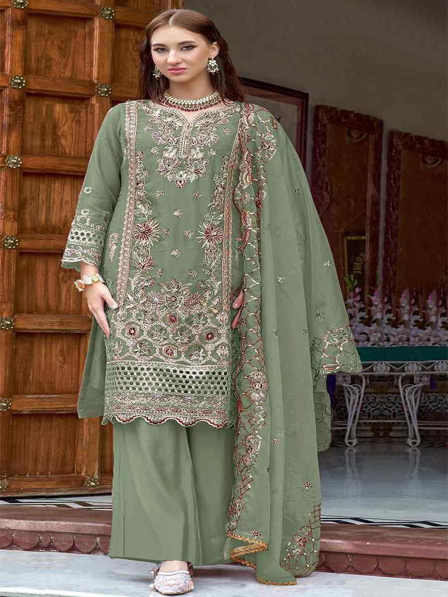 Sea Green Heavy Organza Embroidered Festival Casual Pant Salwar Kameez