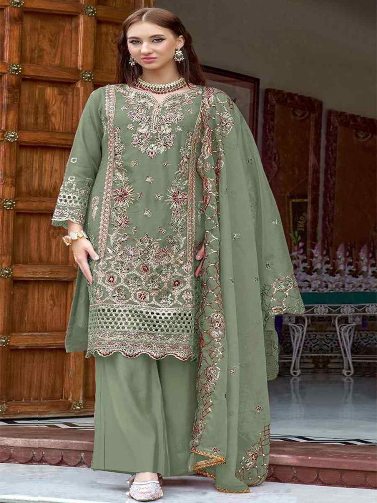 Sea Green Heavy Organza Embroidered Festival Casual Pant Salwar Kameez