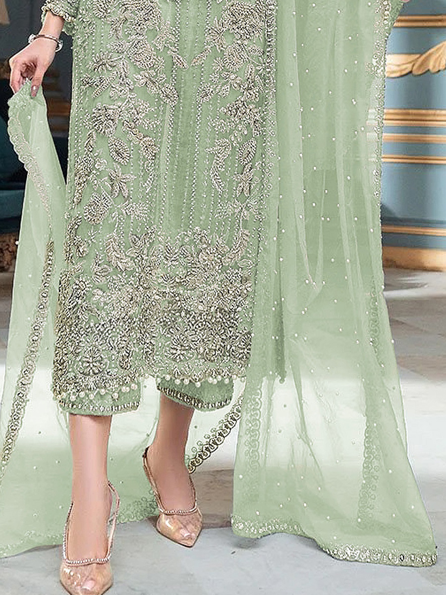 Sea Green Heavy Organza Embroidered Festival Party Pant Salwar Kameez