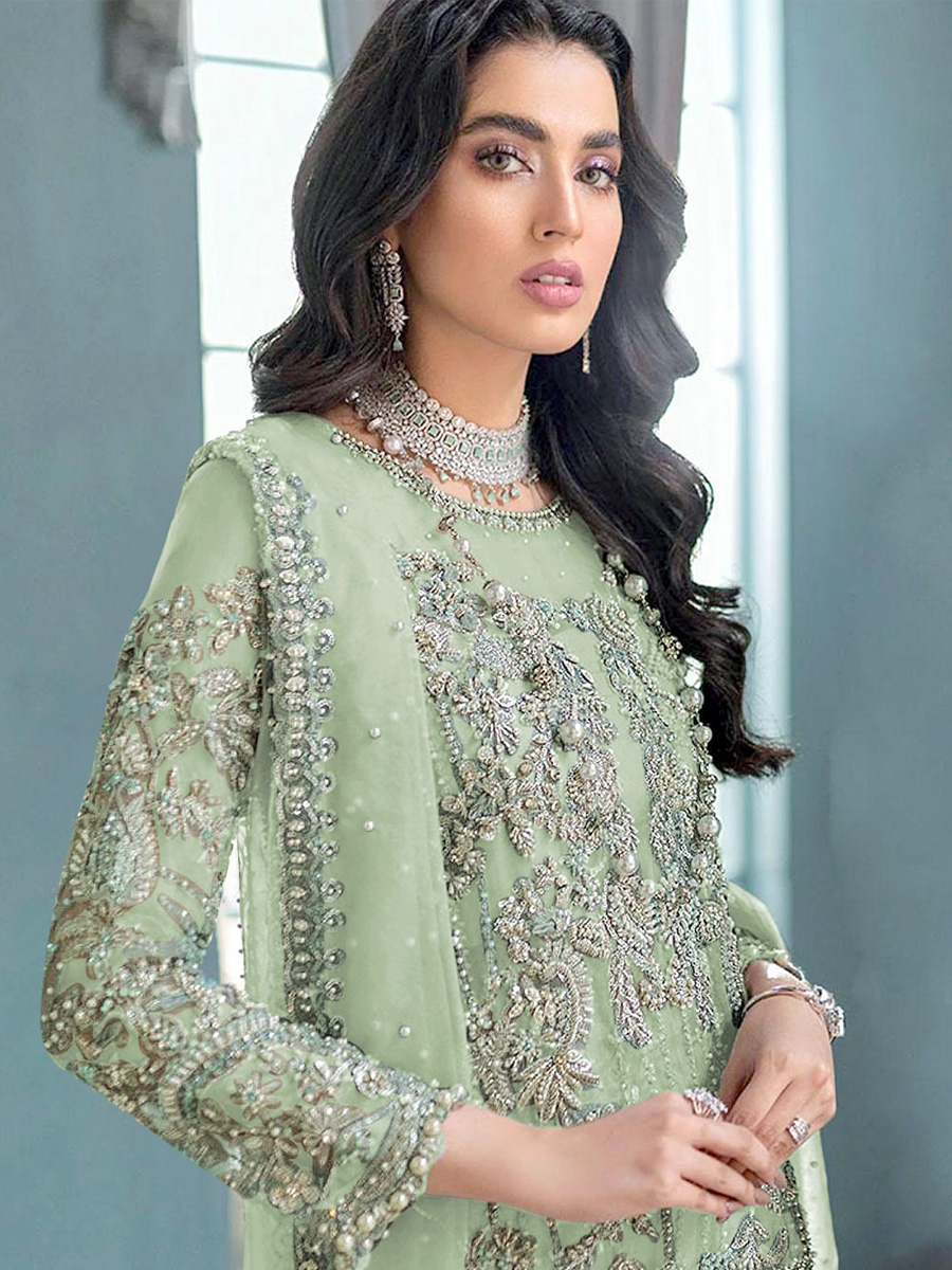 Sea Green Heavy Organza Embroidered Festival Party Pant Salwar Kameez