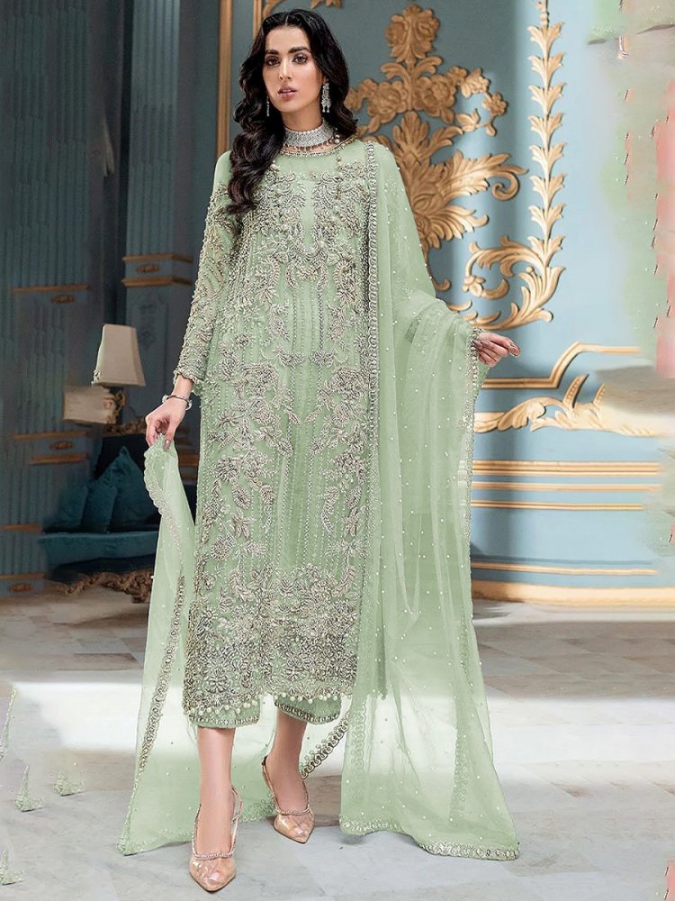 Sea Green Heavy Organza Embroidered Festival Party Pant Salwar Kameez