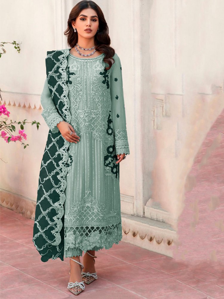 Sea Green Heavy Organza Embroidered Festival Wedding Pant Salwar Kameez
