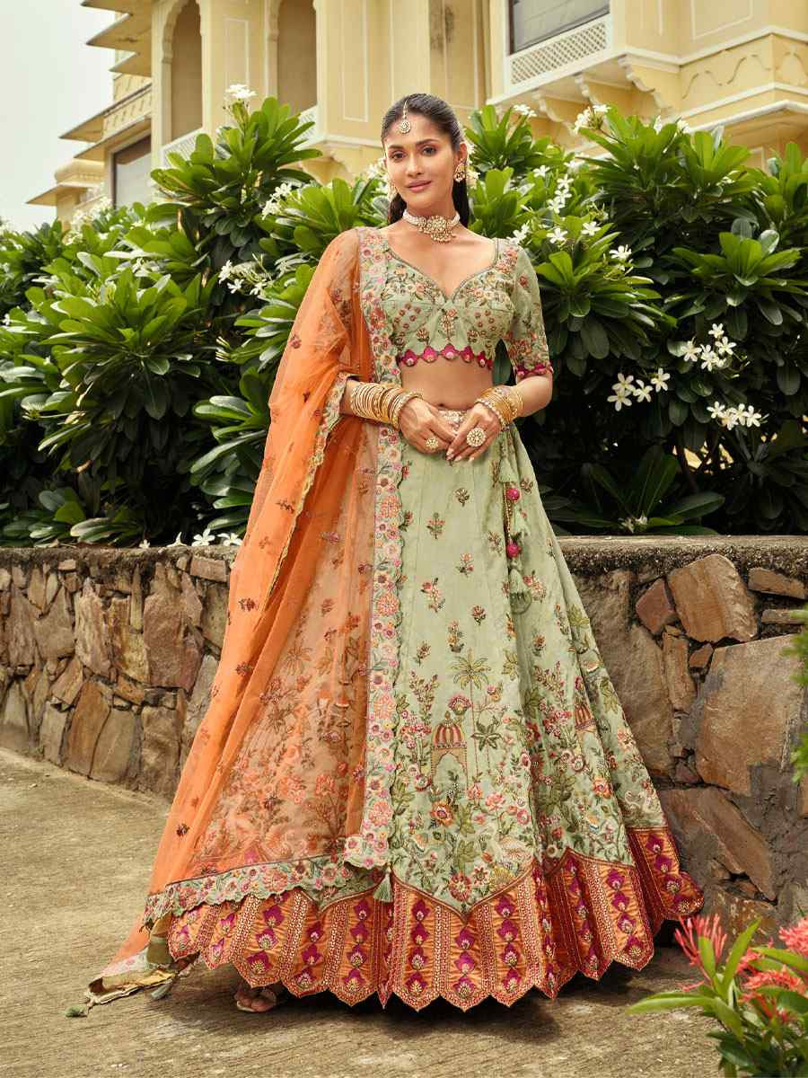 Sea Green Heavy Pure Silk Embroidered Wedding Reception Festival Heavy Border Lehenga Choli