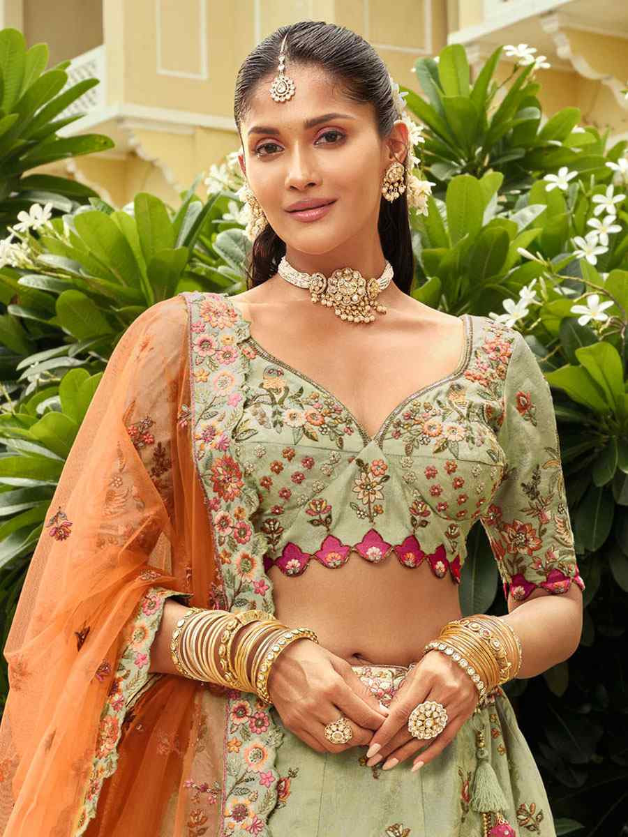 Sea Green Heavy Pure Silk Embroidered Wedding Reception Festival Heavy Border Lehenga Choli